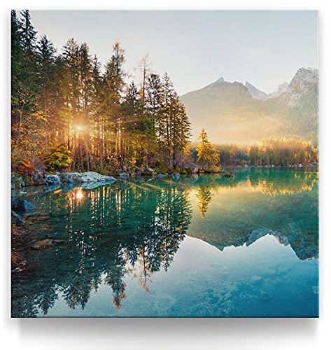 BilderKing Wandbild Wasserfall Hintersee Bayern - 50cm x 50cm Leinwand auf Fertigrahmen + Aufhänger