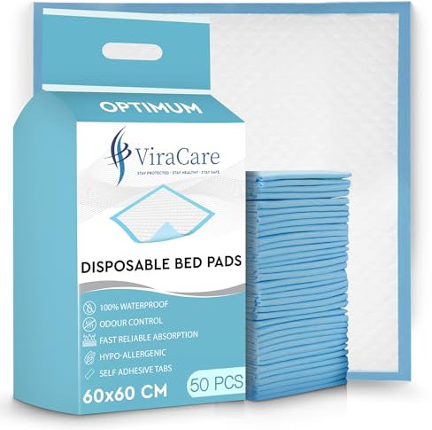 50 x Incontinence Bed Pads | 60 x 60 cm | Incontinence Bed Sheets | Disposable Mattress Protector | Self Adhesive Tabs | Absorbent Pads | (1 Packs of 50)