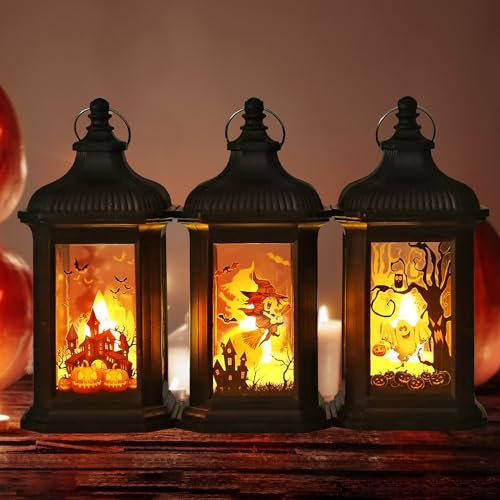 3 Piezas Decoracion Halloween Exterior Linterna, Calabaza Halloween Decoracion Colgar, Luz de Noche con Velas Halloween LED, Linternas Jardin a Pilas, Decoración Casa Lámpara de Viento Bruja Farolillo