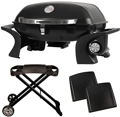 George Foreman Portable Gas Barbecue with Integrated Thermostat, Black, Lightweight & Compact, Steel Body & Automatic Ignition BBQ, Foldable Trolley & Sturdy Shelves GFSBBQ1TR