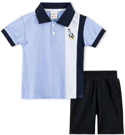 Volunboy 2-delat set med babykläder, sommarkläder, outfit, kortärmad pikétröja, topp + shorts, klädset för pojkar, blå, 3-4 År