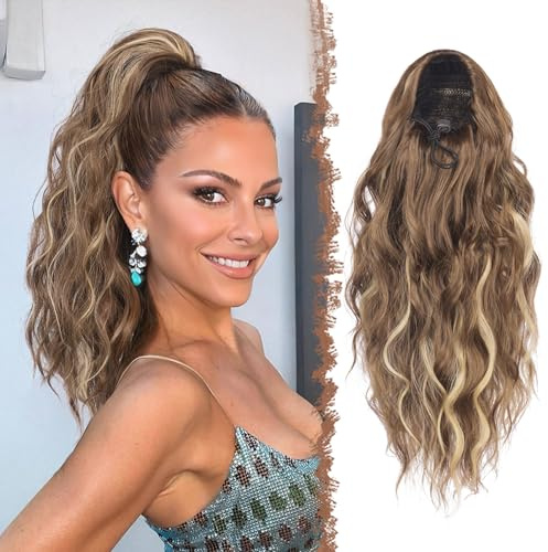 FESHFEN Pferdeschwanz Haarteil mit Kordelzug, Lange Wellen Zopf Verlängerung Haare Extensions Synthetik Wellig Haarverlängerung Clip in Ponytail für Damen, 45 cm Hellbraun und Blond