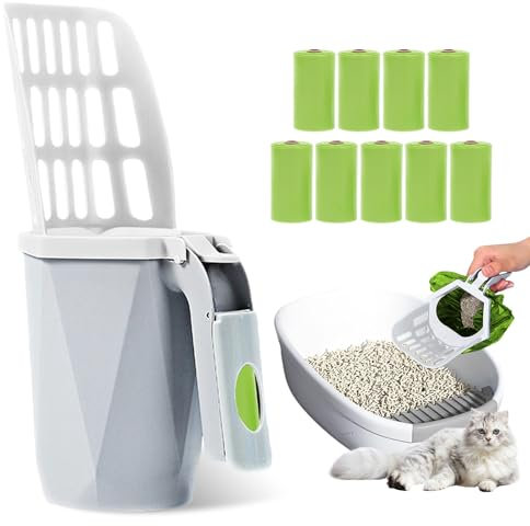 Katzenklo Schaufel mit Behälter: Katzenklo Schaufel 2 in 1 Faltbare Katzenstreuschaufel Katzenstreuschaufel mit Halterung und 10 Rollen Abfallsäcken, Katzenstreu Schaufel für Katzenstreu Klumpstreu