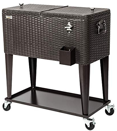 Bonnlo 80QT Rolling Ice Chest on Wheels, Cooler Bar Cart, Brown