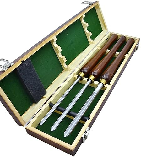 Lot de 3 burins pour tournage du bois – Lot de 3 gouges à bol de 55,9 cm avec lames en acier rapide, poignées en hêtre, viroles en laiton, étui de rangement en bois pour tour à bois