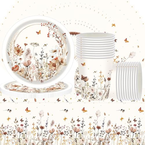 Juego de vajilla de fiesta de 61 piezas, diseño de flores silvestres de otoño, para fiestas de cumpleaños infantiles, incluye vasos de papel, servilletas de papel, platos y manteles, para 20 personas.
