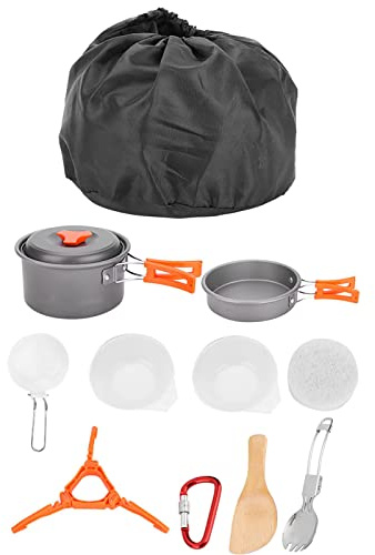 Kit de utensilios de cocina portátiles para exteriores, juego de utensilios de cocina para acampar con olla, sartén, cuenco y cuchara, juego de cocina resistente al calor para send (AT6384-A)