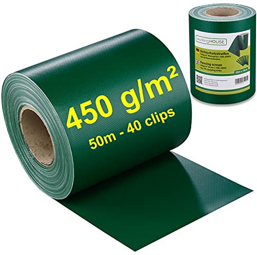 Workinghouse Schermo privacy in PVC per recinzione a doppio picchetto - schermo privacy da giardino con clip - 450g/m² - 50m x 19cm, schermo privacy per recinzione, pellicola per recinzione