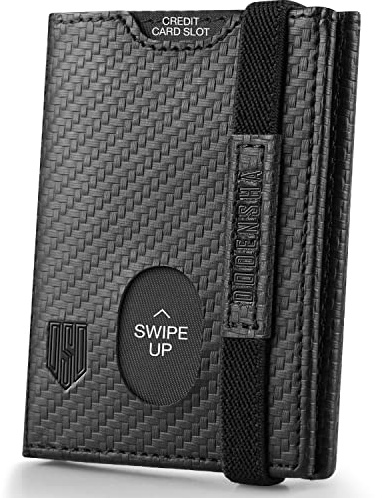 DODENSHA Cartera Pequeña para Hombre con Monedero, Billetera RFID, Tarjetero con Cremallera 7 Ranuras para Tarjetas, 1 Ranuras para ID, Banda Elástica (Carbon)