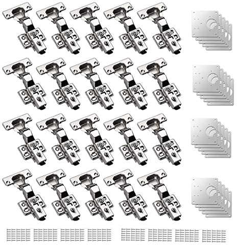 Kamtop 20 PCS Cabinet Hinges - 110° Soft Close Half Overlay Kitchen Door Hinges with 20 Repair Plates and 240 Screws, 35mm Wardrobe Hinges Concealed Cupboard Furniture Hinge Repair Kit