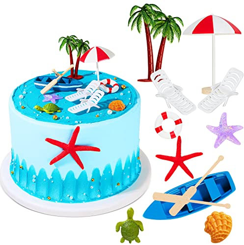 12 Decoraciones para Tarta de Playa Hawaiana Adorno de Tarta de Silla y Sombrilla de Playa de Verano Decoración de Tarta de Palmera Verde para Fiesta de Cumpleaños Bodas con Tema Hawaiano