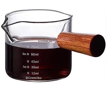 1 Pack Double Spouts Measuring Triple Pitcher Milk Cup with Wood Handle 75ML Espresso Shot Glasses Parts Clear Glass by BCnmviku
