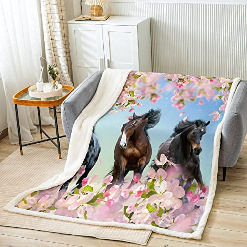 Pferd Kuscheldecke Kirschblüten Sakura Decke 100x130cm für Kinder Jungen Mädchen Galoppierendes Pferd Bedrucktes Wohndecke 3D Wild Tier Muster Dekor Schlafzimmer Sammlung Flanell Fleecedecke