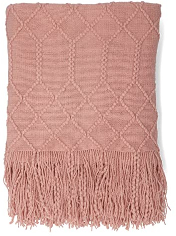 HOMLA Loop Decke Dekorativ Weich - Lose Gewebte Polyesterfasern Wohndecke Flauschig Decke für Sofa Couch Bett - 130 x 170 cm Rosa mit Kugelgeflecht