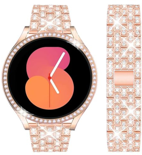 DEALELE Armband kompatibel med Samsung Galaxy Watch 5/Galaxy Watch 4 40 mm 44 mm, 20 mm strass strass metallarmband med skyddsfodral för kvinnor män, roséguld