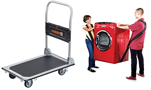 Meister Plattformwagen - Klappbar - Bis 150 kg Tragkraft - Feststellbremse/Transporthilfe mit Lenkrollen & Shoulder DOLLY 2 Personen Tragegurt, Transportgurt, Hebegurt zum Ergonomischen und Heben