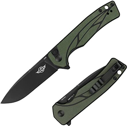 OKNIFE Mettle fickkniv med blad (82,3 mm) 154 cm stål och låsknapp G10-handtag och fickklämma, för jakt, camping, överlevnad (grön)
