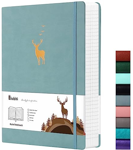 Wiisdatek College-Notizbuch, liniert, Softcover, 312 nummerierte Seiten, groß, B5, dickes Leder, Tagebuch, 100 g/m², dickes liniertes Papier für Damen und Herren, 19 x 25 cm, Grau / Blau