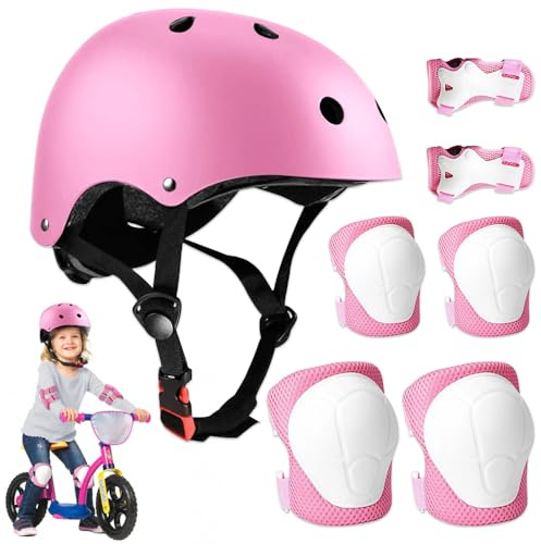 mizikuu Casco Bici Bambino, 7 in 1 Set di Protezioni Regolabile Gomitiere Polso Ginocchiere caschi di protezione per Skateboard Pattini in Linea Bicicletta Protezione 3-7 Anni Bambina, Rosa