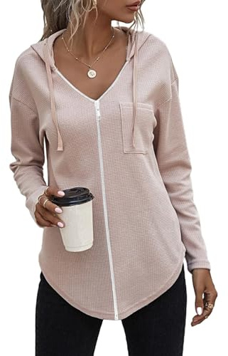 Cuptacc Hoodie Damen Langarm V Ausschnitt mit Reißverschluss Sweatshirt Damen Mit Tasche Locker Kapuzenpullover Sweatjacke Einfarbig