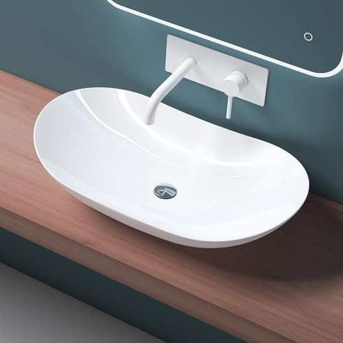 Mai & Mai Bathroom Sink Basin Countertop Wash Basin | Ceramic Bright White Oval Thin Rim | WDH: 63x36x14cm | Modern Design Bathroom Vessel Sink | Nano-Coating Brüssel858