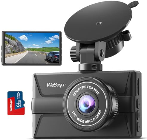 Cámara de Coche con Tarjeta SD 64G, 1080P FHD Dashcam para Coches, Pantalla IPS de 3'', Gran Angular de 176°, Sensor G, Monitor de Aparcamiento, Grabación en Bucle, Visión Nocturna, WDR
