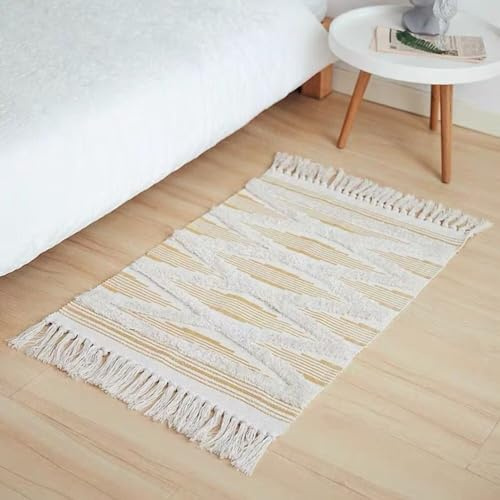 Plancholo Baumwollteppich Läufer Schlafzimmer Flur Teppich Läufer Boho Küchenteppich Läufer mit Quasten für Schlafzimmer Wohnzimmer Küche 60x90cm