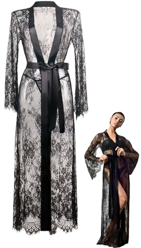 MIZSPISE Bata De Baño Larga Para Mujer, Sexy, De Malla, Kimono, Camisón De PatchworkBata De Encaje, Lencería Pijama Con Cinturón De Satén (FR/ES, Letras, Talla única, Regular, Regular, negro)
