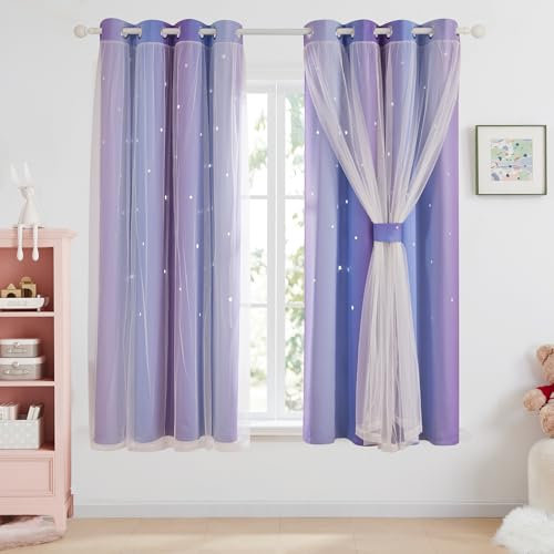 Deconovo Blackout Curtains for Bedroom 54 Inch Drop Hollow Out Star Pattern Eyelet Thermal Insulated Short Curtains with Net Sheer for Window Treatment 52x54 Inch Blue/Purple 2 Panels