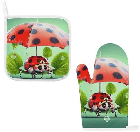 Ofenhandschuhe und Topflappen-Set, 2-teilig, Küchenhandschuh, lustiger Marienkäfer, hält Regenschirme, Ofenhandschuh, hitzebeständig, Ofenhandschuh zum Kochen, rutschfeste Kochhandschuhe, waschbare