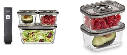 Caso Vacu OneTouch Eco-Set, Handvakuumierer inkl. 3 Vakuumbehälter aus Glas & VacuBoxx Eco-Duo S - Vakuum-Frischebehälter / 2 Behälter mit je 500 ml