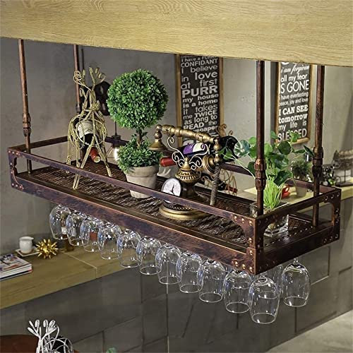 IBOWZ Deckenverzierung Deckenregal Hängendes Weinregal, Deckenflaschenregal aus Metall, Vintage-Weinlagerhalter mit Glasregal für Weingläser für Unterschrank, Küche, Bar, höhenverstellbar