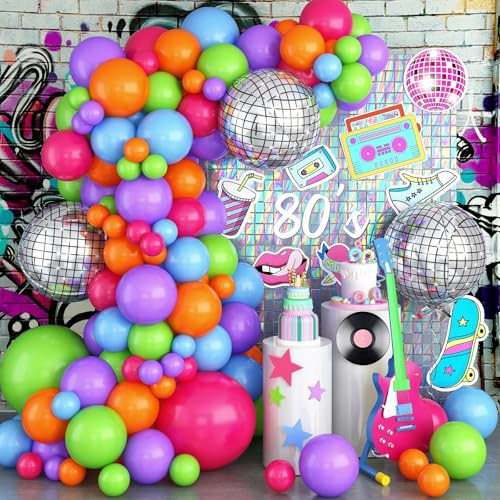 131 Stück 80er 90er Jahre Party Deko, Retro Disco Mottoparty Luftballon Girlande Set mit Neon Bunt Luftballons, Balloons Rosa Lila Grün für Erwachsene 80er 90er Hip Hop Geburtstag Dekoration