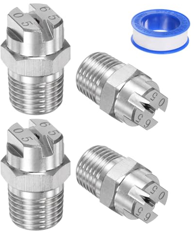 M METERXITY 4-Pack Flat Fan Spray Tip, 65 Degree 1/4BSPT Male Stainless Steel Pressure Washer Nozzles Cleaner Nozzle Replacement W Sealing Tape for Water Guns (1.4mm Orifice)