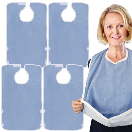 GOMETY Lot de 4 bavoirs pour adultes, 81 x 45 cm, en tissu éponge, réutilisables, imperméables, lavables, avec attrape-miettes, unisexe, protection des vêtements pour mère et père