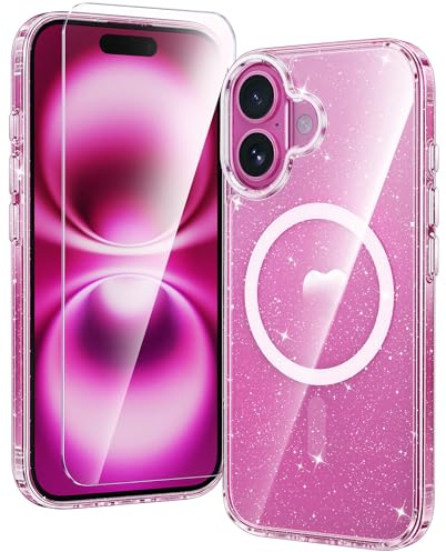 FNTCASE for iPhone 16 Case: Clear Magnetic Military Grade Drop Protection Anti Yellowing Slim Case - Rugged Shockproof Protective Transparent Cell Phone Cover(Glitter)