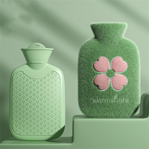 Herfair Wärmflasche mit Bezug Wiederverwendbar Wärmeflasche Kinder Niedlich Kleeblatt Hot Water Bottle Wärmflasche Klein Winter Geschenke für Frauen (Dunkelgrün,500 ml)
