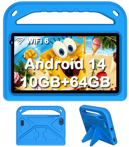 DMOAO Tablet 7 Pulgadas, Tablet Android 14 con 5G Wi-Fi 6, 10GB RAM+64GB ROM(512GB SD), Octa-Core/Widevine L1/Control Parental/BT 5.0/3500mAh, Protective Antichoque EVA Protectora, Azul
