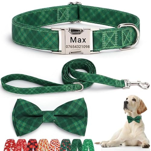 SEOUGEE Weihnachts-Hundehalsband, personalisierbar mit Fliege und Leine, verstellbare Hundehalsbänder und Leine aus Baumwolle, mit gravierter Metallschnalle für große Hunde (grünes Karomuster-Set, L: