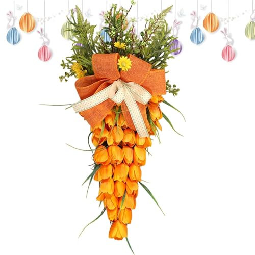 Osterblumenkranz - künstliche Tränenstrop, 60 cm Federfensterkranz Kleiderbügel, Osterkranz für Tür Wandmantel Vordertür Gold Türdekorationen