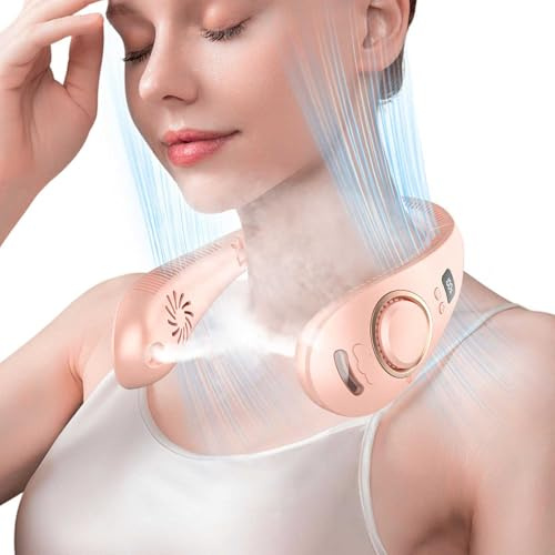 Ventilateur Tour de Cou Brumisateur,Mini Collier Ventilateur USB Batterie sans Lame Pliant avec Eau Froide,Affichage LED Portable Neck Fan Léger Basse Consommation pour Cuisine Extérieure Bureau Rose