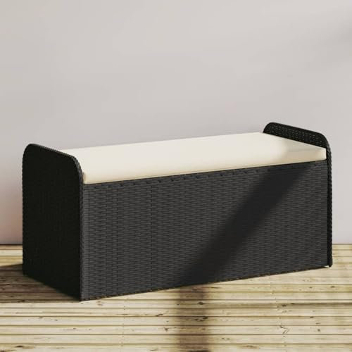 IKAYAA Banco de Jardín de Ratán Sintético con cojín Banco de Exterior con Caja de Almacenaje Baúl almacenaje para Patio Terraza Balcón 115 x 51 x 52 cm Negro