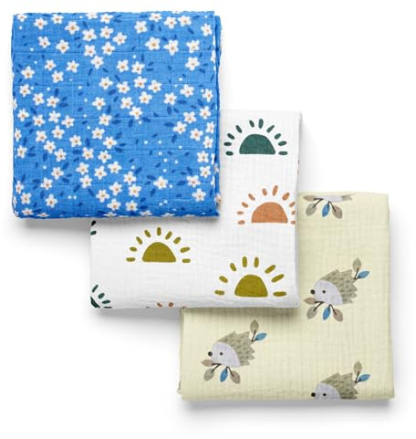 PEKEL'S Coperte in mussola per bambini, 120 x 110 cm, confezione da 3 | 100% cotone morbido e traspirante | panni grandi avvolgibili per neonato, culla, passeggino o regalo baby shower, blu