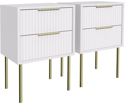 Garvishk Garvis Nachttisch 2er Set, schmal, Beistelltisch mit 2 Schubladen Nachtschrank Schlichter Beistelltisch für Schlafzimmer, Wohnzimmer (Weiß)