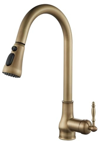 OUGOO Kitchen Tap with Pull Out Spray, Antique Kitchen Mixer Tap | 3 Spray Modes, High Arc 360° Swivel Sink Faucet, Single Handle, Antique Brass