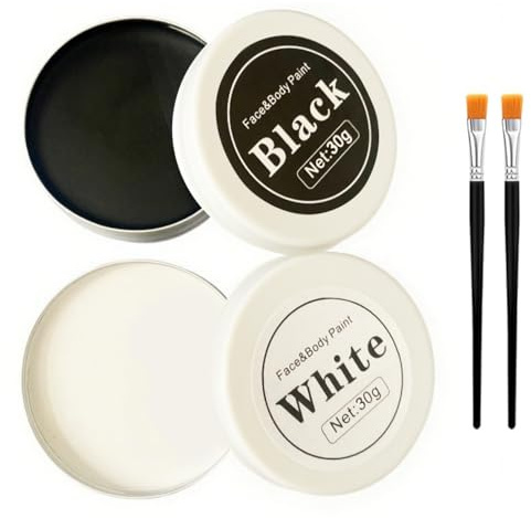 Einture Corporelle Noir et Blanc avec 2 Pinceaux de Maquillage - Peinture Visage Longue Durée Non Toxique ImperméAble - Maquillage Enfant pour Cosplay, Halloween, Scène, Clown