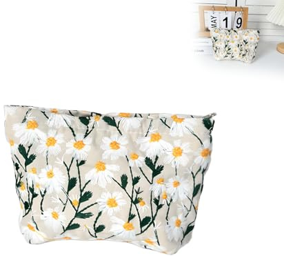 Hsyadazi resa sminkväska med dragkedja – necessär med tusensköna broderi för kvinnor och flickor – flera fack arrangör för resor och vardag, Beige, /