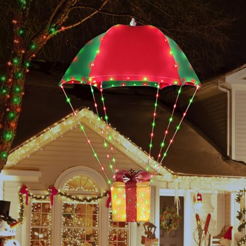 Geemoo Iluminación navideña exterior a batería, cadena de luces LED de 85 cm en forma de paracaídas con temporizador, 8 modos, cadena de luces impermeable para decoración navideña interior y exterior