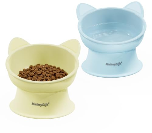 MateeyLife Ciotole per Gatti Rialzate, Set da 2 Ciotole Rialzate per Gatti con 15 Gradi, Ciotola Rialzata per Gatti da Interno e Cani di Piccola Taglia, Anti-affaticamento dei Baffi, Blu & Giallo