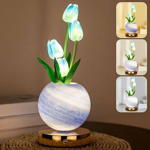 BVI BOOMERVIVI Lampada da tavolo a forma di tulipano, ricaricabile, senza fili, dimmerabile, con tulipano artificiale, lampada da scrivania a LED, luce notturna per comodino, regalo romantico per